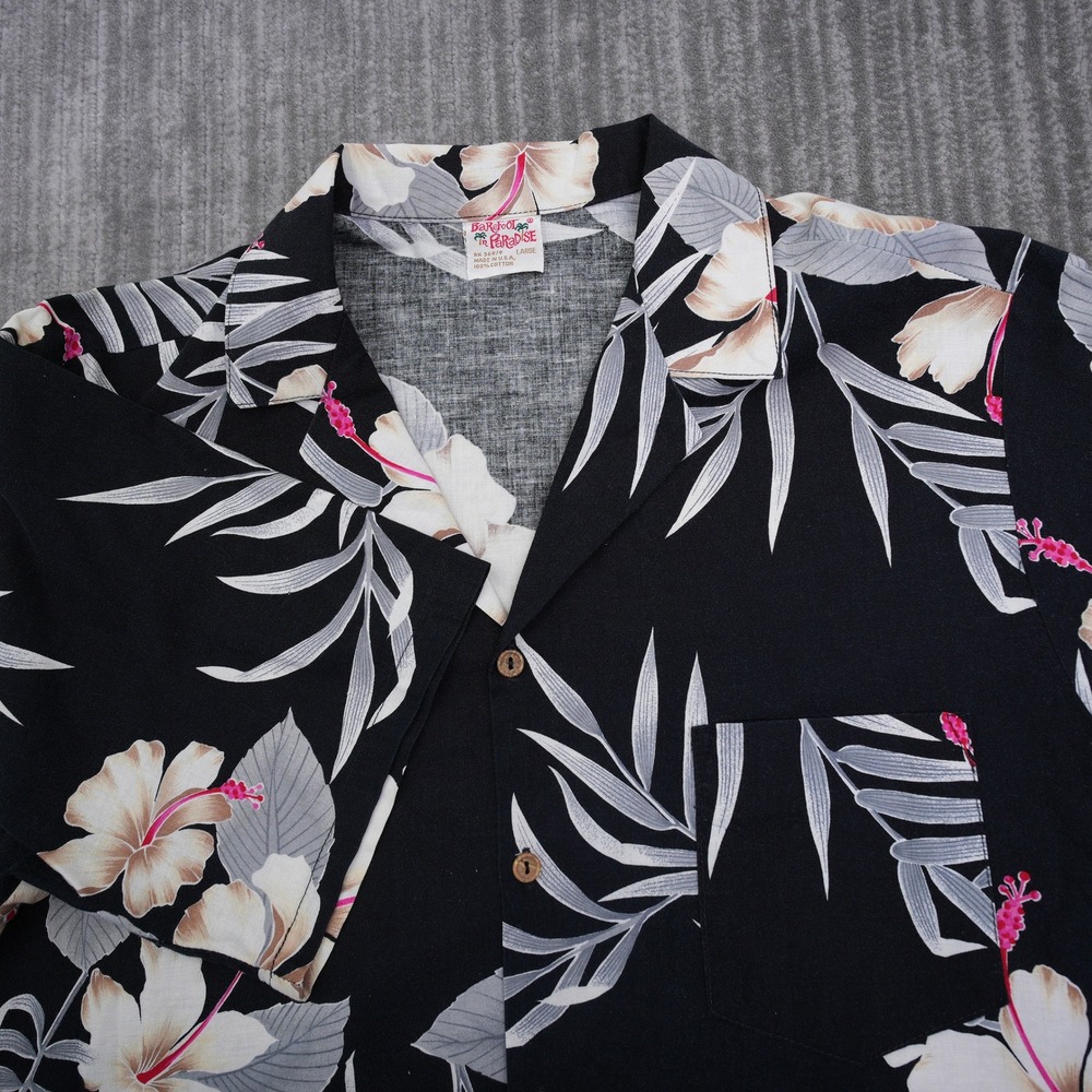 Barefoot In Paradise Hawaiian Shirt Mens Large Black Hibiscus Floral Cotton USA